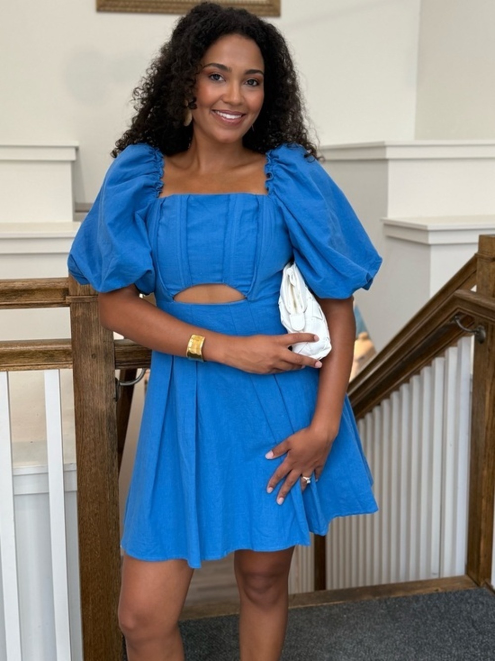 Royal Blue Puff-Sleeve Mini Dress with Front Cutout